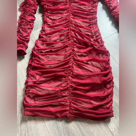 House of CB Fifi Wine Red Stretch Off the Shoulder Ruched Tulle Dress. Size XS - Picture 7 of 15